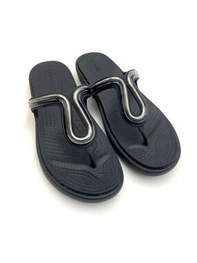 Crocs Dual Comfort Women's Sanrah Thong Flip Flop Sandals Black/Silver Sz 10